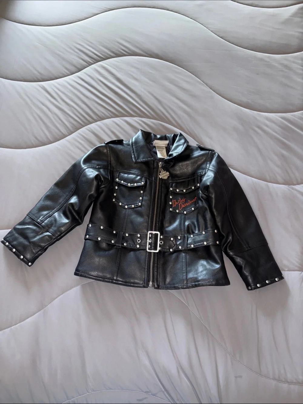 Harley-Davidson Girl Black Studded Embroidered Faux Leather Jacket EUC 4T